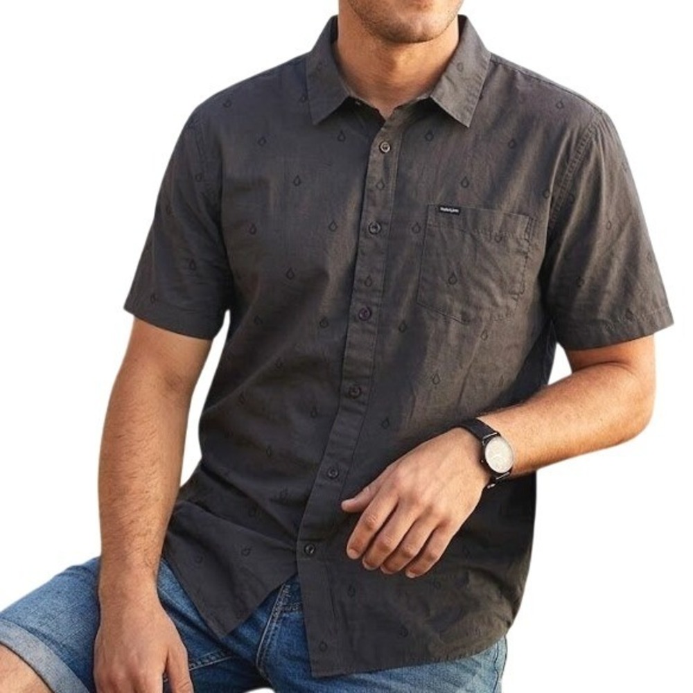 Volcom Mens XXL Charcoal Grey‎ Stone Logo Print Short Sleeve Button Down Shirt